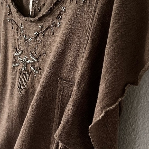 Free People Easy Does It Tee Brown Beaded Top Size Small - Picture 3 of 12